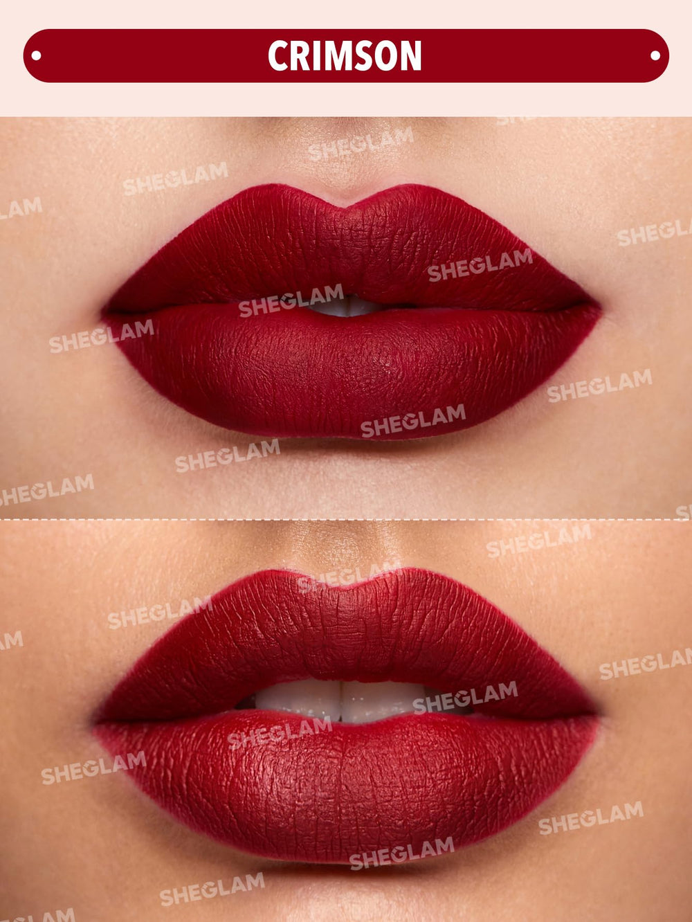 SHEGLAM Matte Allure crimson swatch showing high pigment in one swipe.