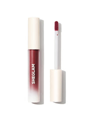 SHEGLAM Matte Allure lipstick crimson tube closeup with rich color for all-day wear.