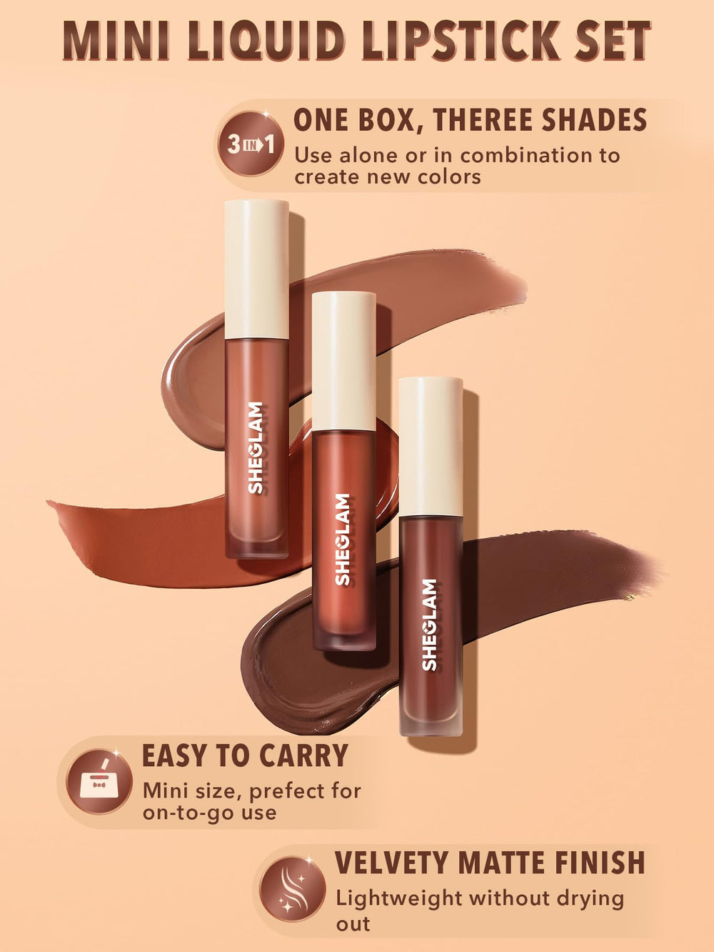 SHEGLAM Matte Allure mini lipstick closeup highlights creamy, buildable color.