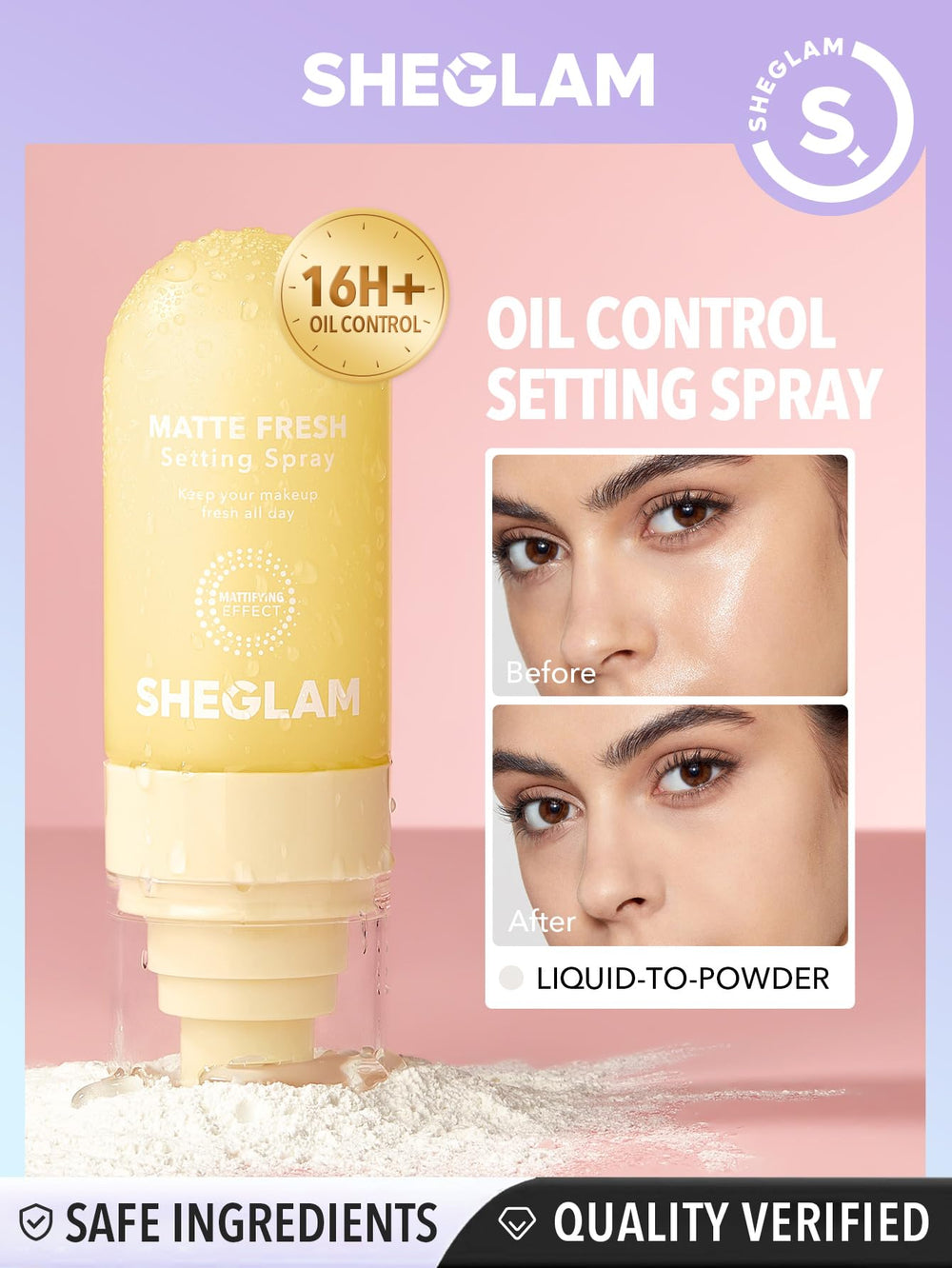 SHEGLAM Matte Fresh Setting Spray dispense action demonstrating quick, easy makeup locking
