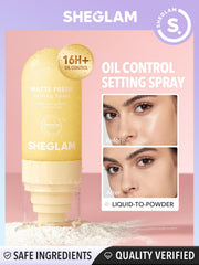 SHEGLAM Matte Fresh Setting Spray dispense action demonstrating quick, easy makeup locking