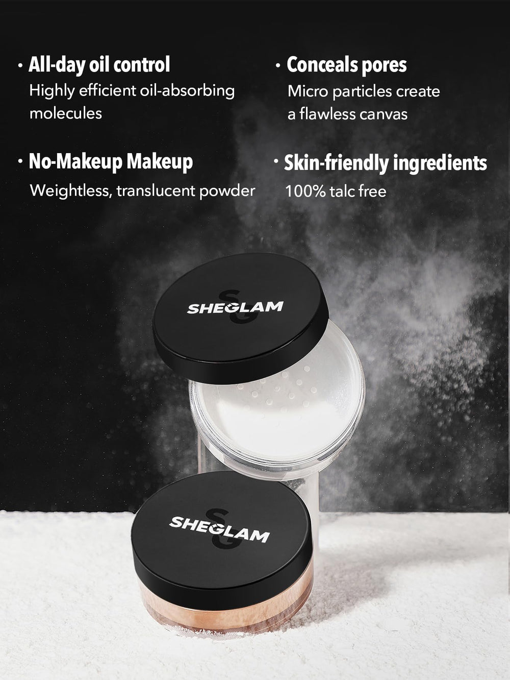 SHEGLAM talc-free formula highlights skin-friendly ingredients.