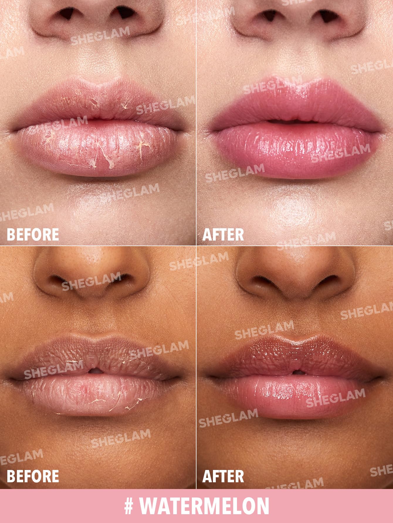 SHEGLAM Pout PHresh Watermelon lipstick swatch shows gradual tint with moisturizing feel.