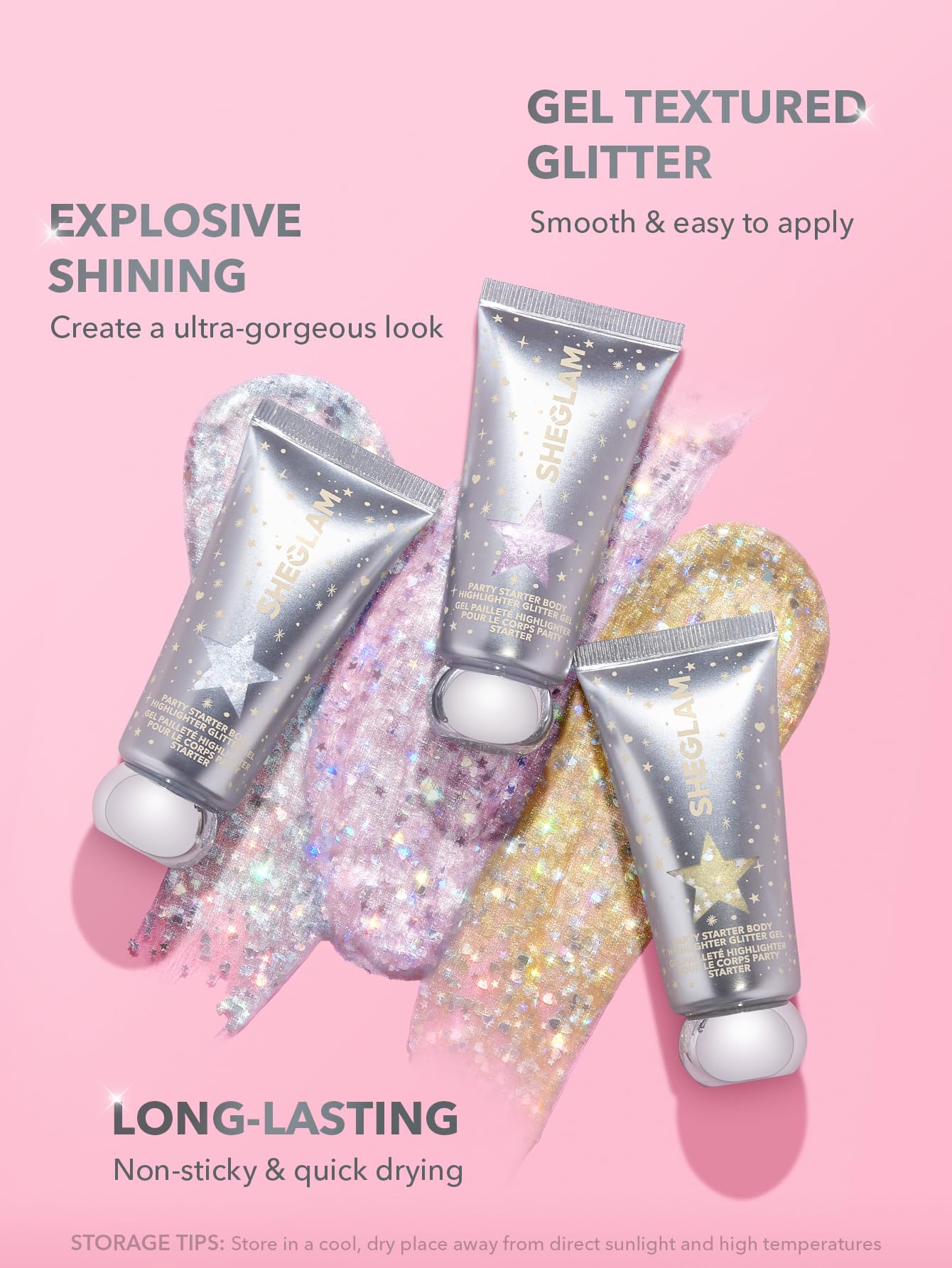 SHEGLAM quick-drying glitter spray delivers a non-sticky finish.