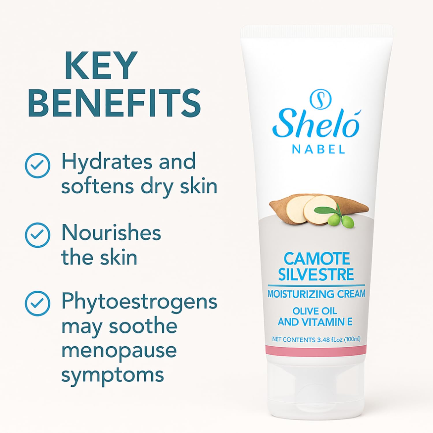 Sheló NABEL olive oil and vitamin E ingredients highlighted for skin nourishment.