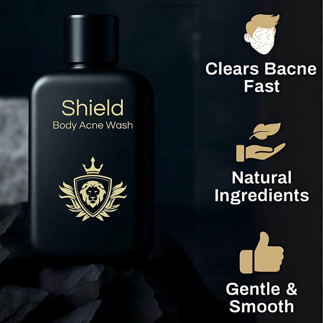 Shield Body Wash back-area cleanse targets hard-to-reach zones for clearer skin.