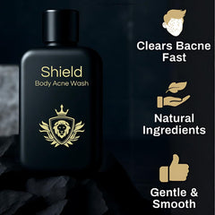 Shield Body Wash back-area cleanse targets hard-to-reach zones for clearer skin.