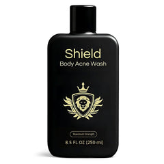 Shield Maximum Strength Body Wash bottle close-up, fragrance-free formula for back, chest, and shoulders.