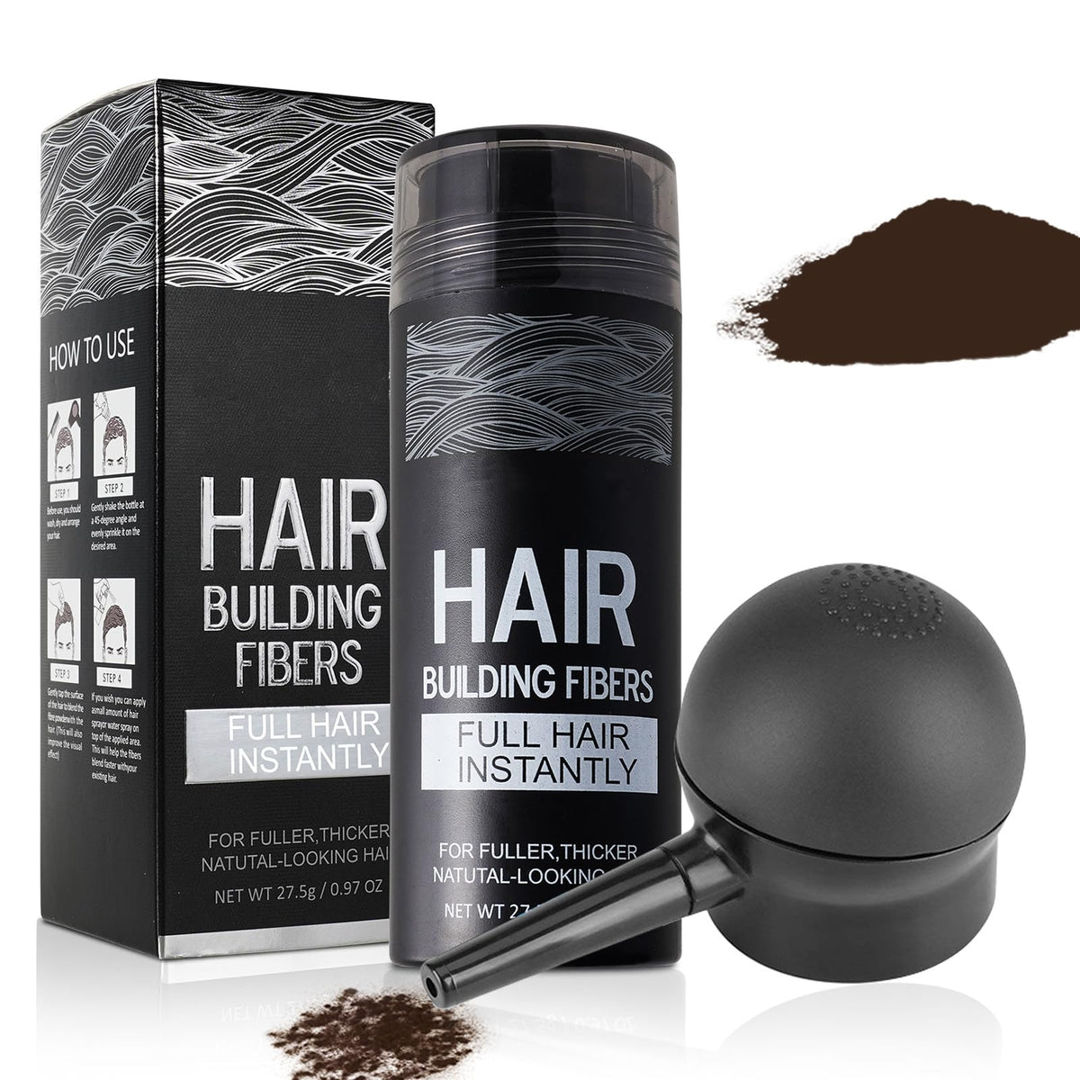 SHIFAKOU Hair Building Fibers with dark brown spray bottle for undetectable thinning coverage.