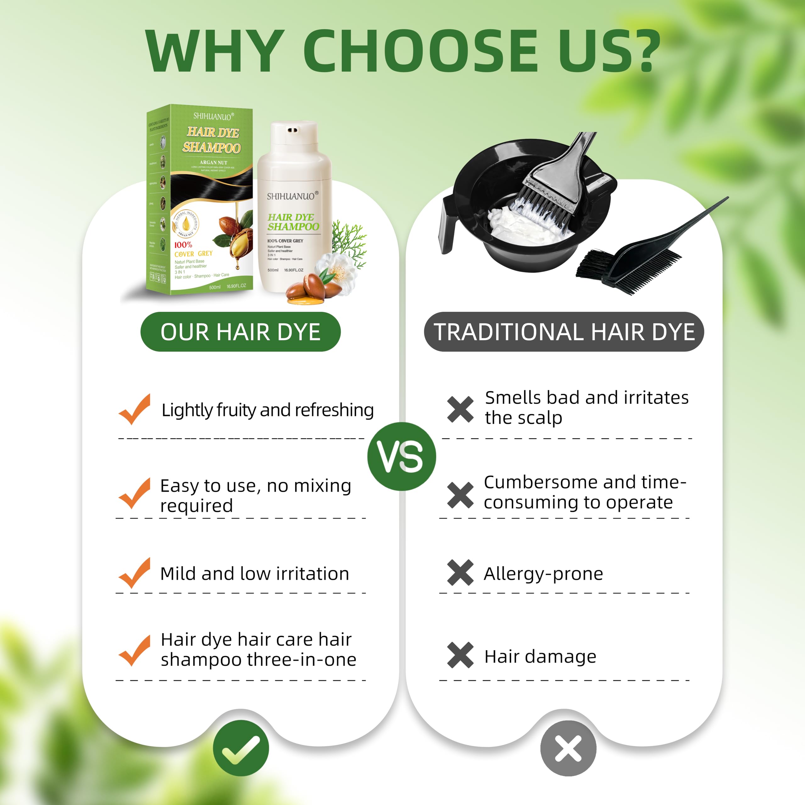 SHIHUANUO 3in1 dye shampoo bottle demonstrates integrated color and conditioning