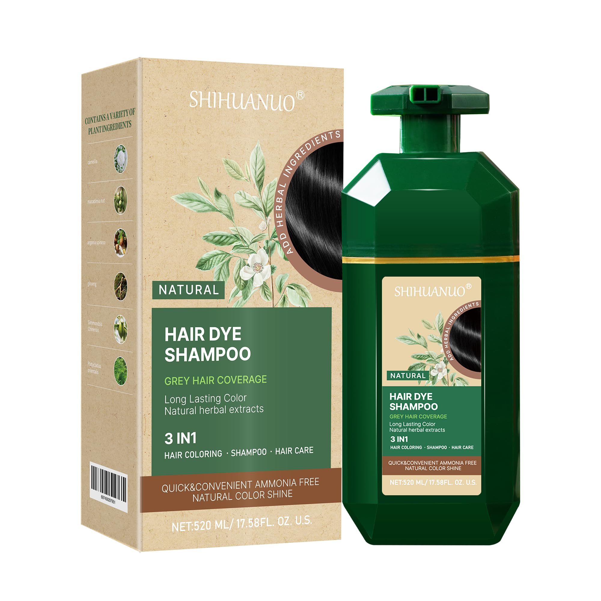SHIHUANUO bottle front shows the 3-in-1 gray coverage concept.
