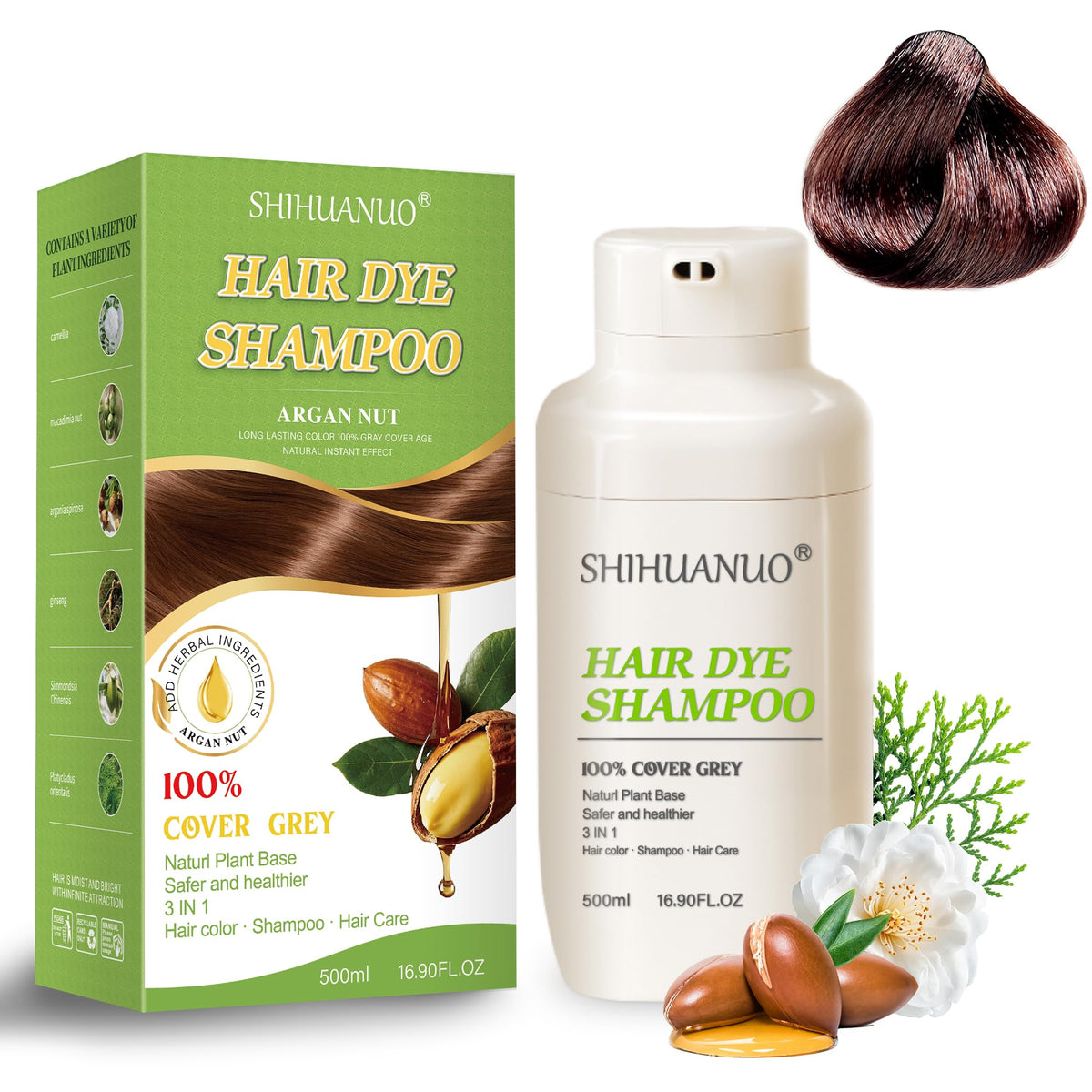 SHIHUANUO 3-in-1 hair dye shampoo for gray coverage with chestnut brown color