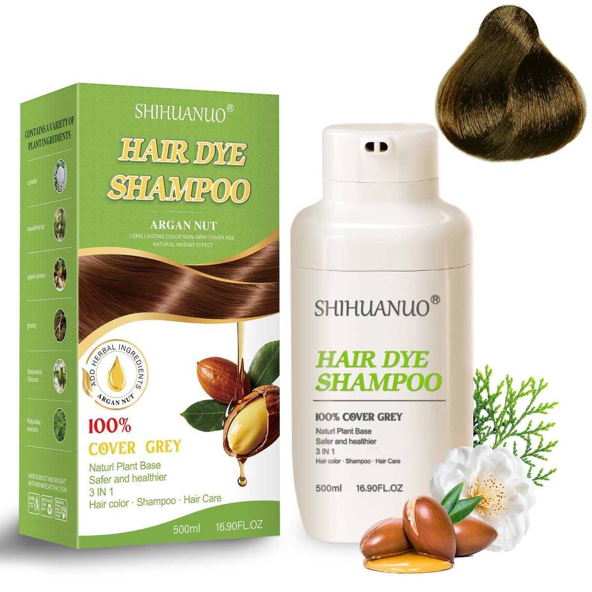 SHIHUANUO hair dye shampoo bottle with argan nut formula for nourished color