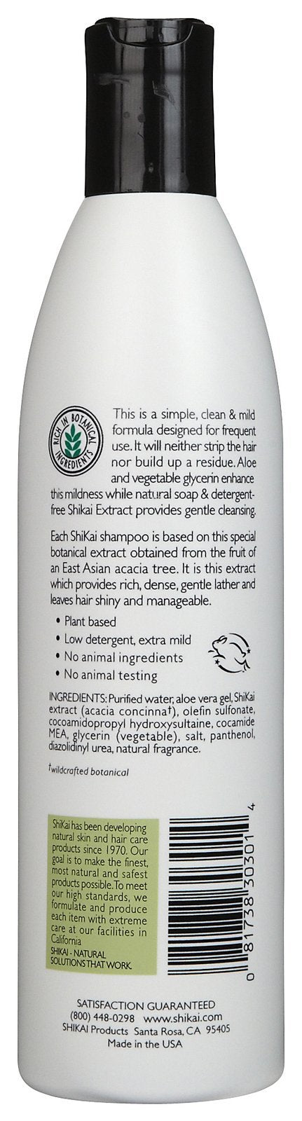 ShiKai Everyday Gentle Cleansing Shampoo bottle back view, showcasing low detergent formula and Aloe Vera benefits.