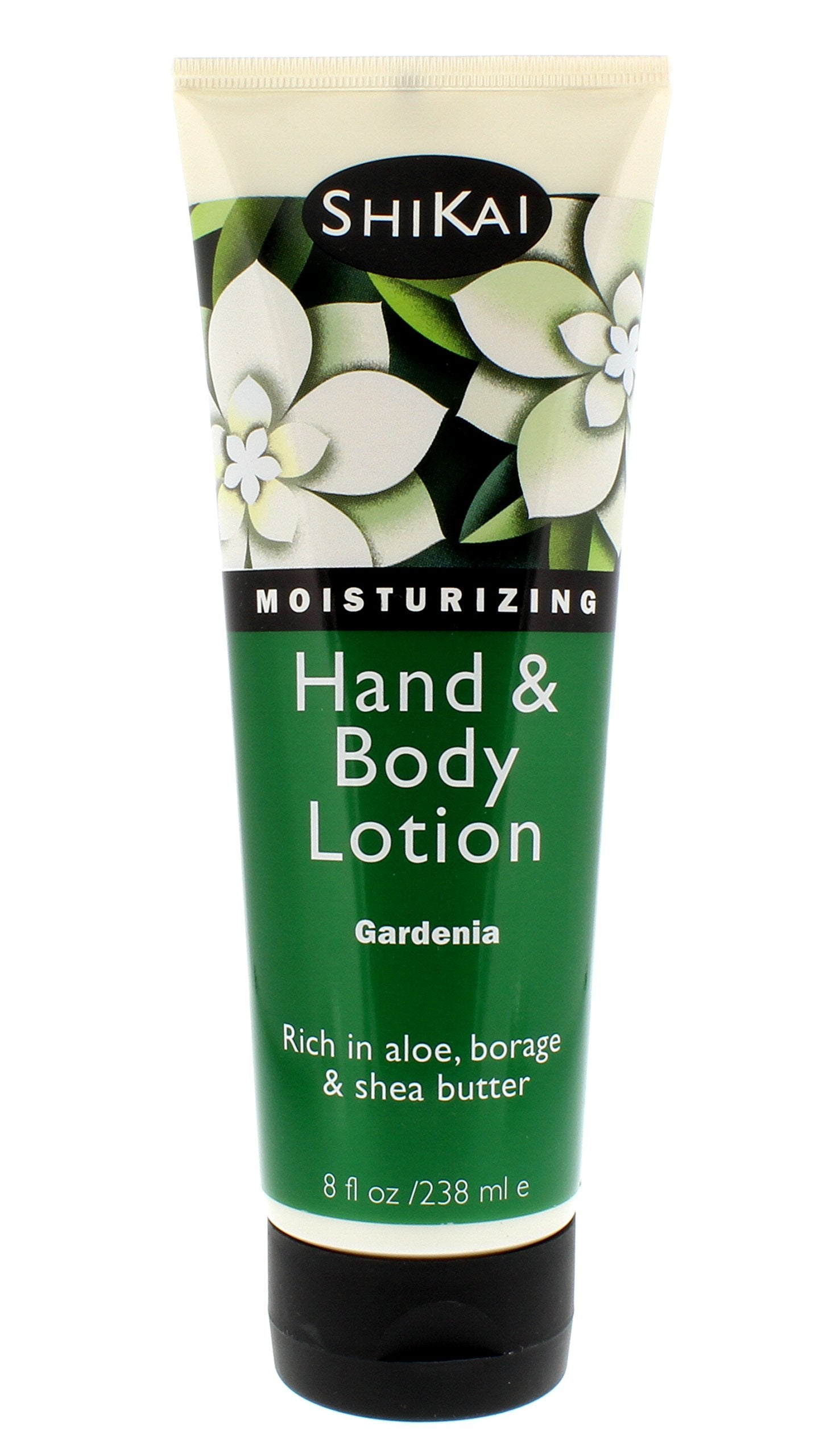 Hands applying ShiKai Gardenia Lotion showing a soft, fragrant moisture.