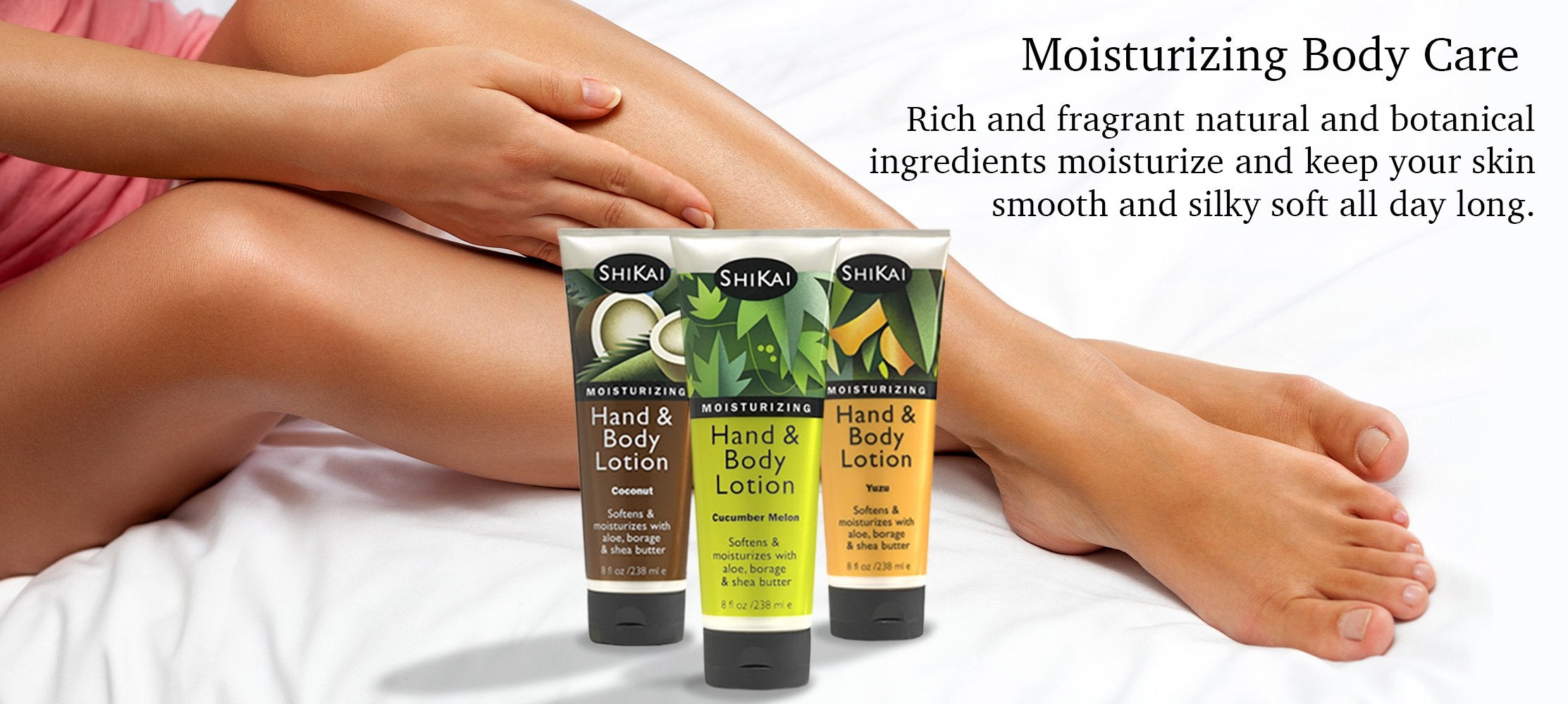 Creamy formula highlighting Aloe Vera and Vitamin E in ShiKai Gardenia Lotion.