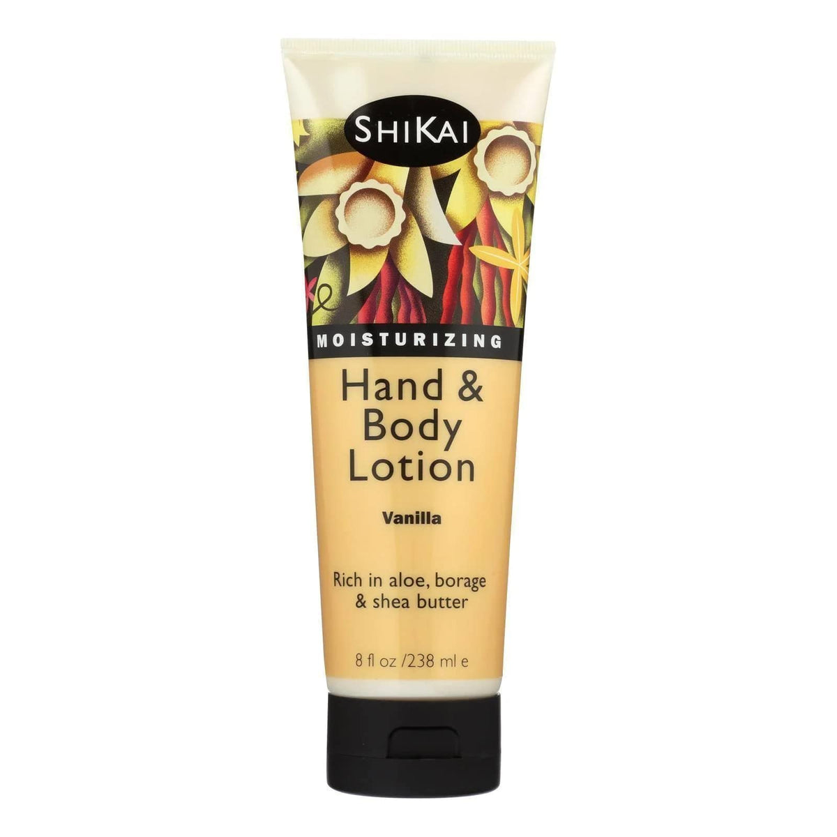 ShiKai vanilla hand & body lotion bottle pour showing hydration potential