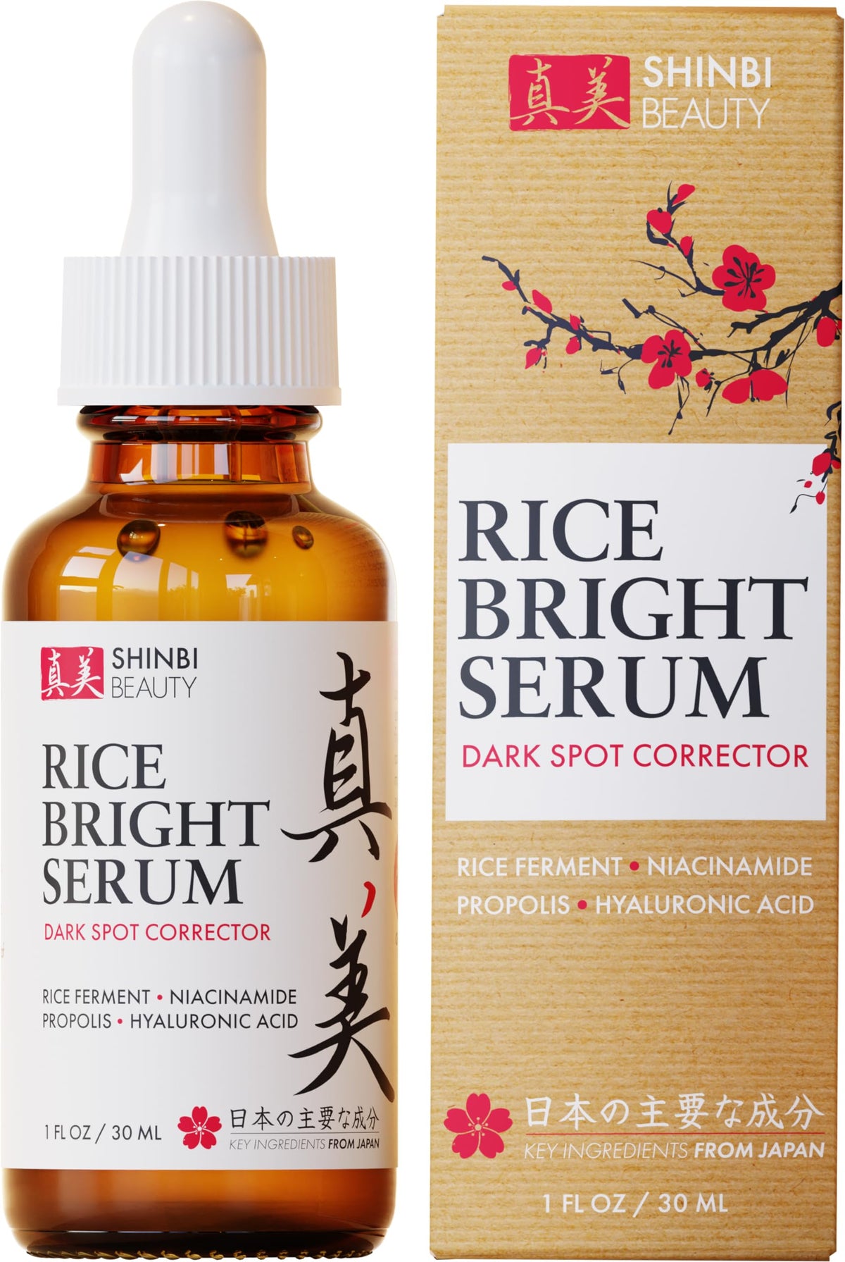 Shinbi Beauty Japanese Rice Bright Serum bottle pour for even skin tone