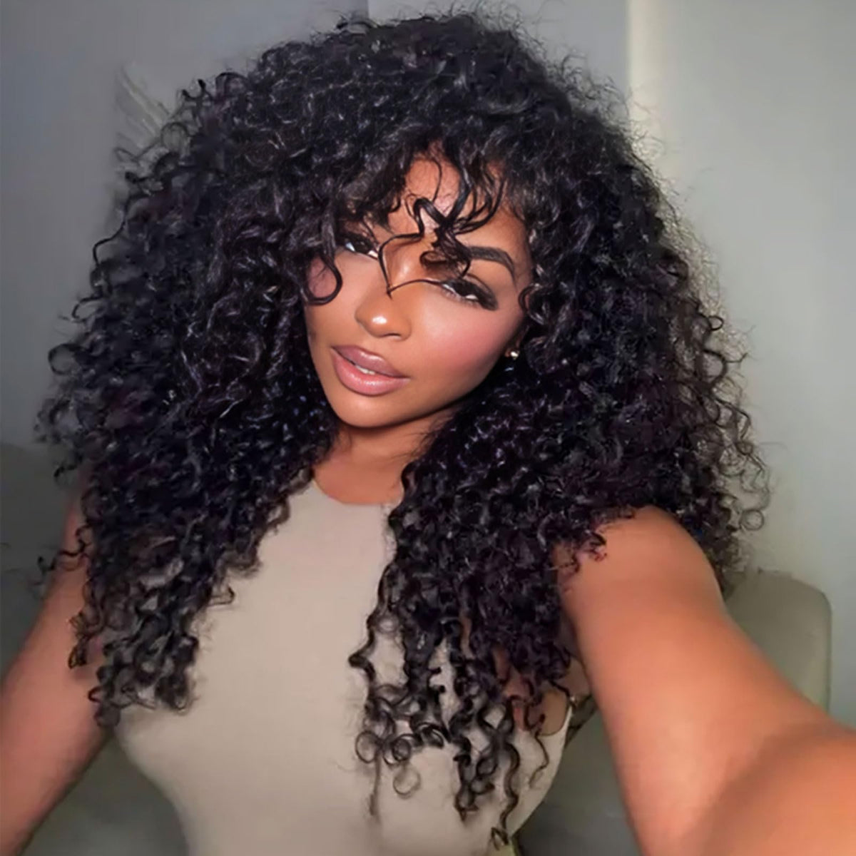 ShineKiss kinky curly half wig front view in natural black blends seamlessly for everyday wear