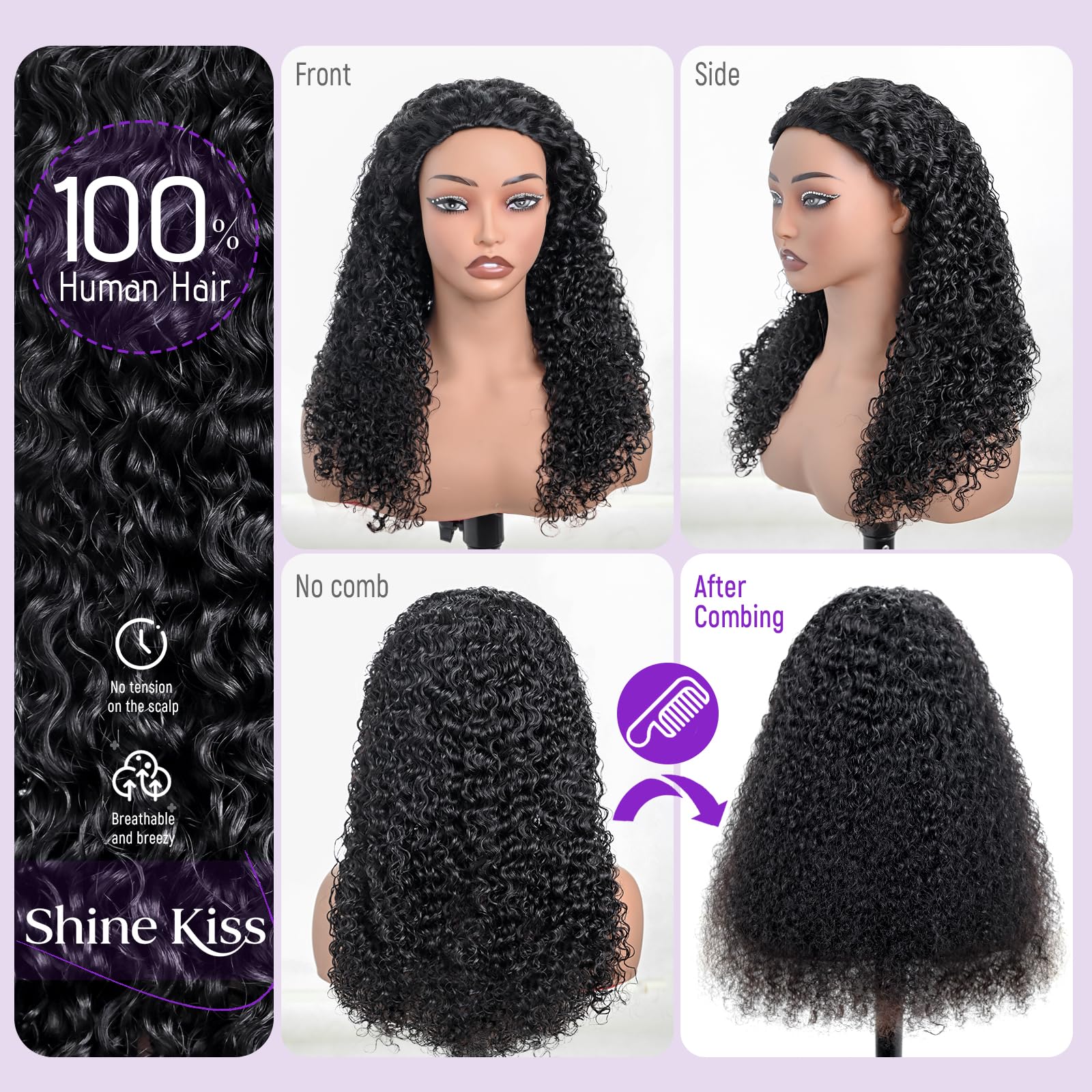 ShineKiss kinky curly half wig side view shows full density and natural movement