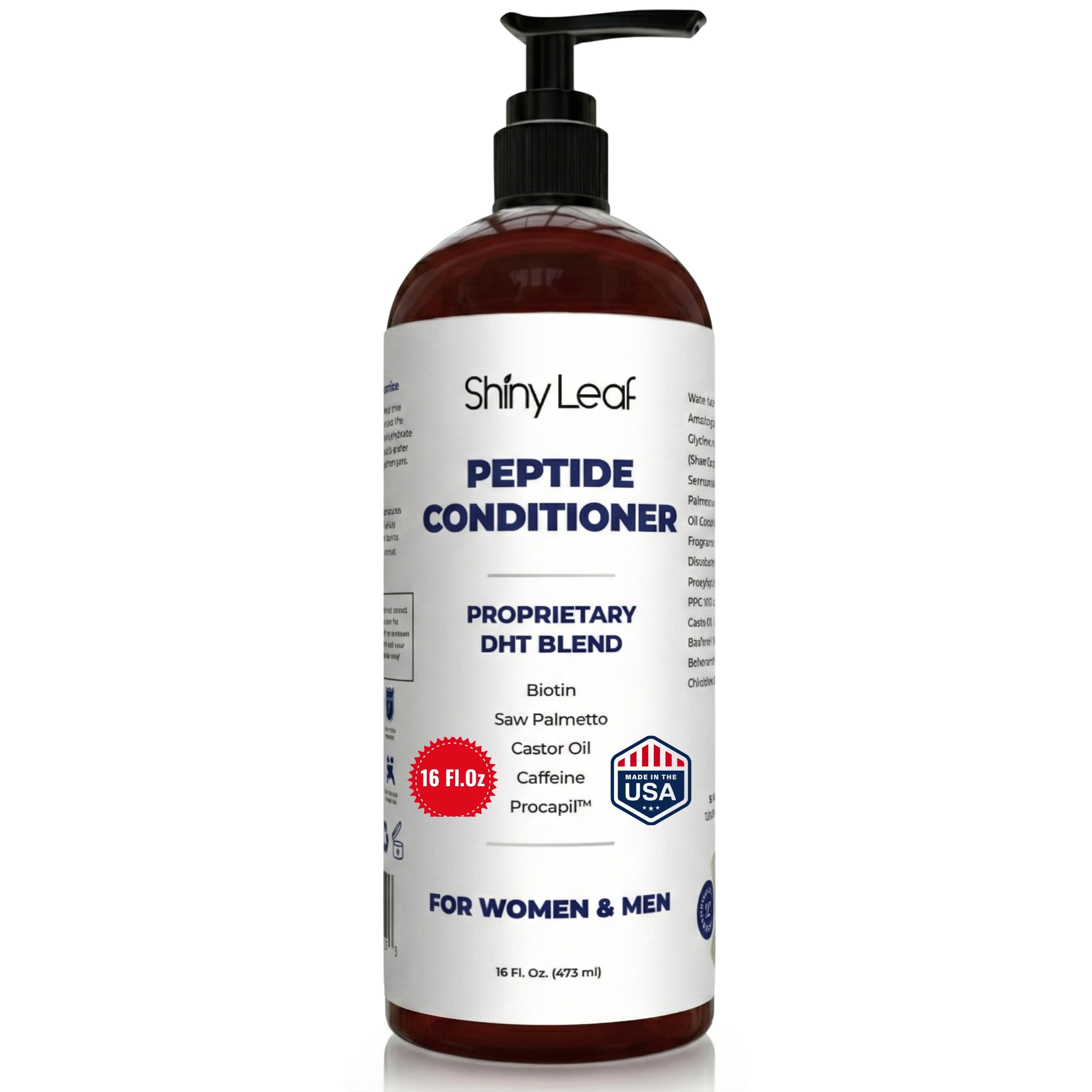 Shiny Leaf anti-thinning peptide conditioner bottle promotes fuller-looking hair.