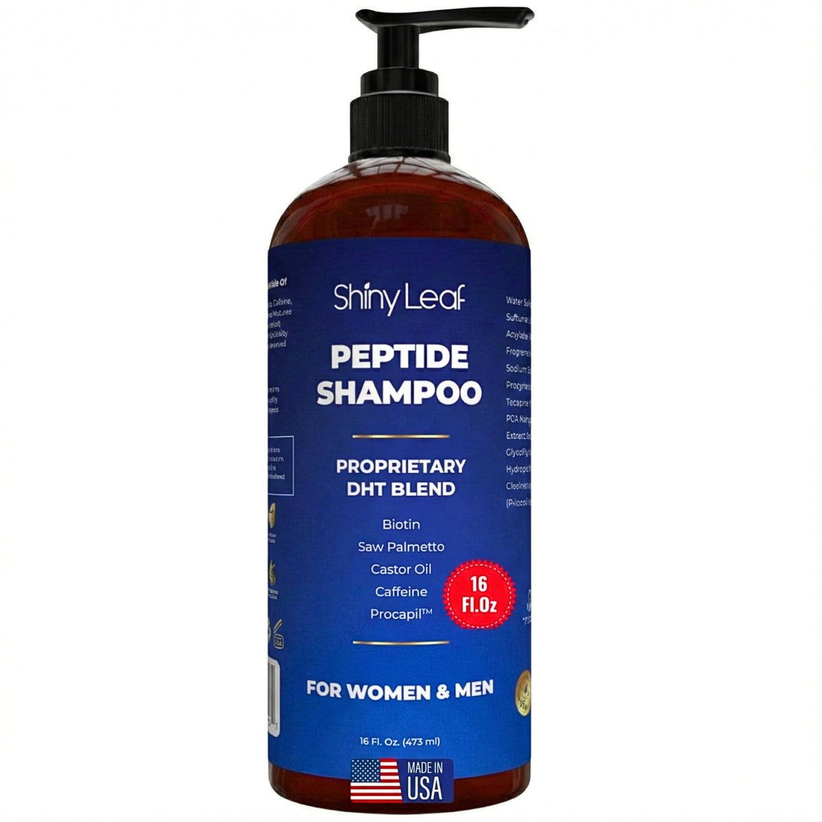Shiny Leaf Anti-Thinning Peptide Shampoo bottle highlights a color-safe formula that adds volume.