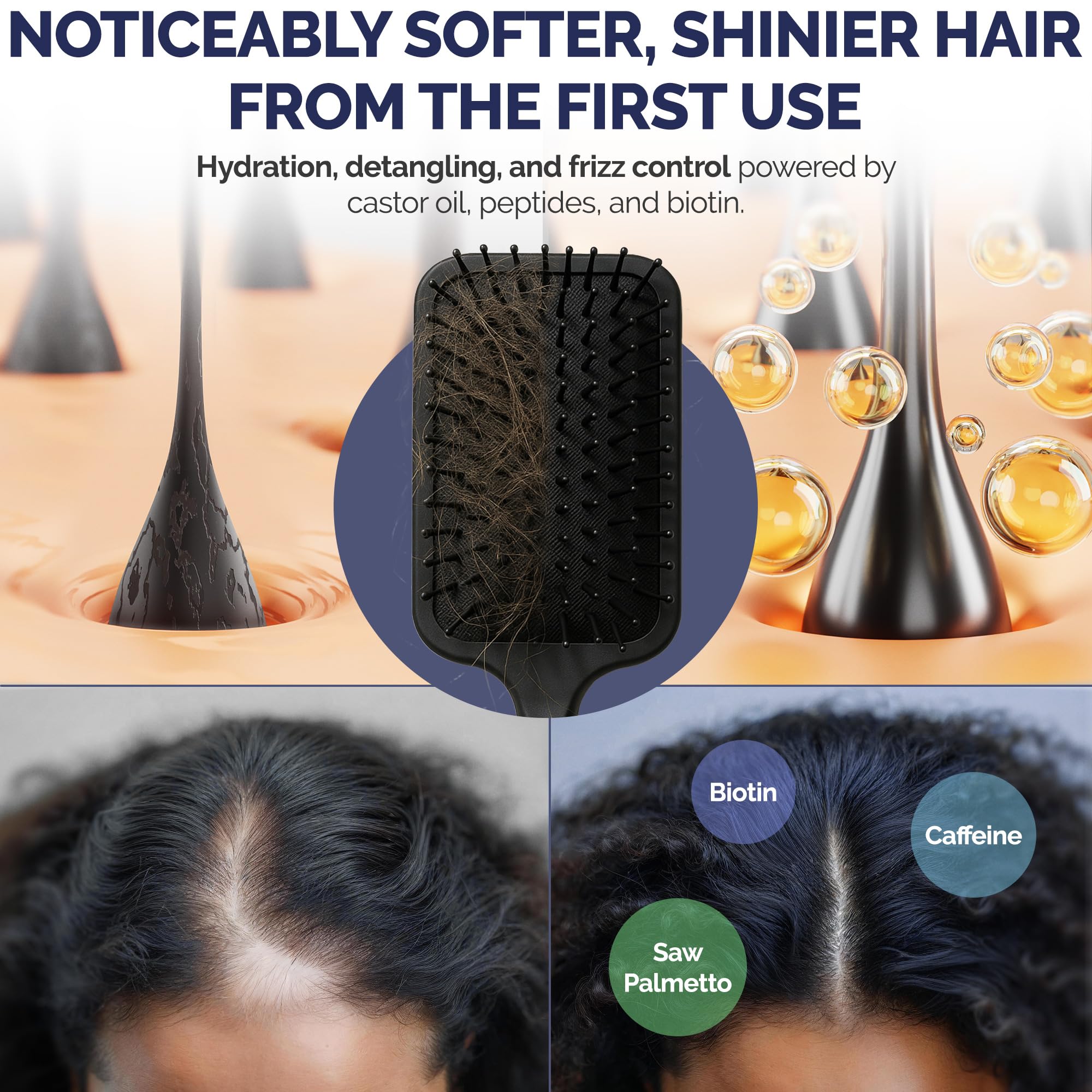 Shiny Leaf biotin, caffeine, and saw palmetto ingredients illustration.