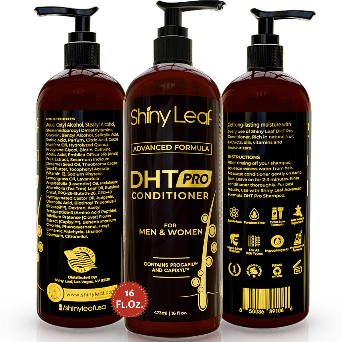 Shiny Leaf bottle pour demonstrates easy daily application for thinning hair.