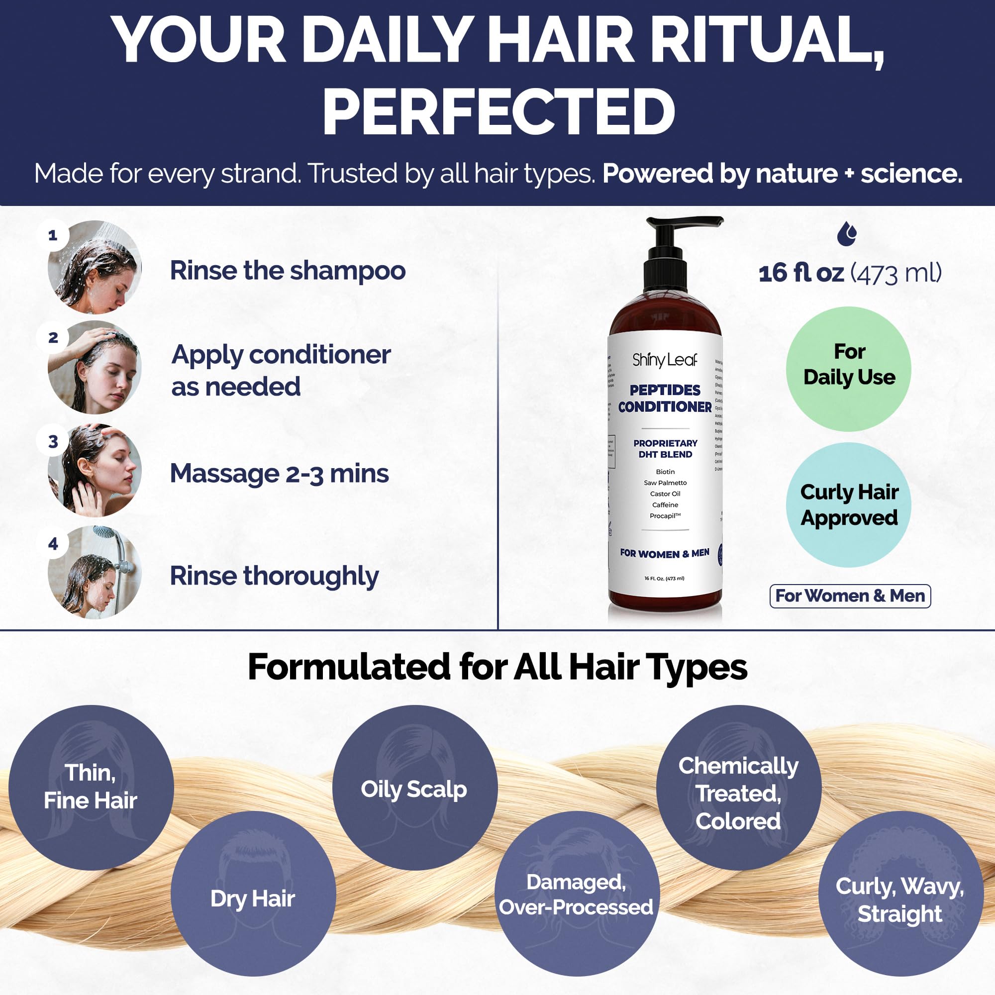 Shiny Leaf sulfate-free formula protects color-treated hair during conditioning.