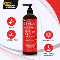 Shiny Leaf DHT Blocker Shampoo bottle back label highlights natural blockers for healthier follicles