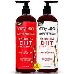 Shiny Leaf DHT Blocker Shampoo bottle with rosemary oil for healthier-looking hair.