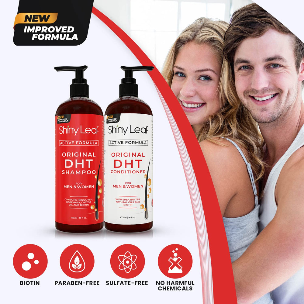 Shiny Leaf DHT Blocker Shampoo close-up label emphasizes natural blockers for scalp care