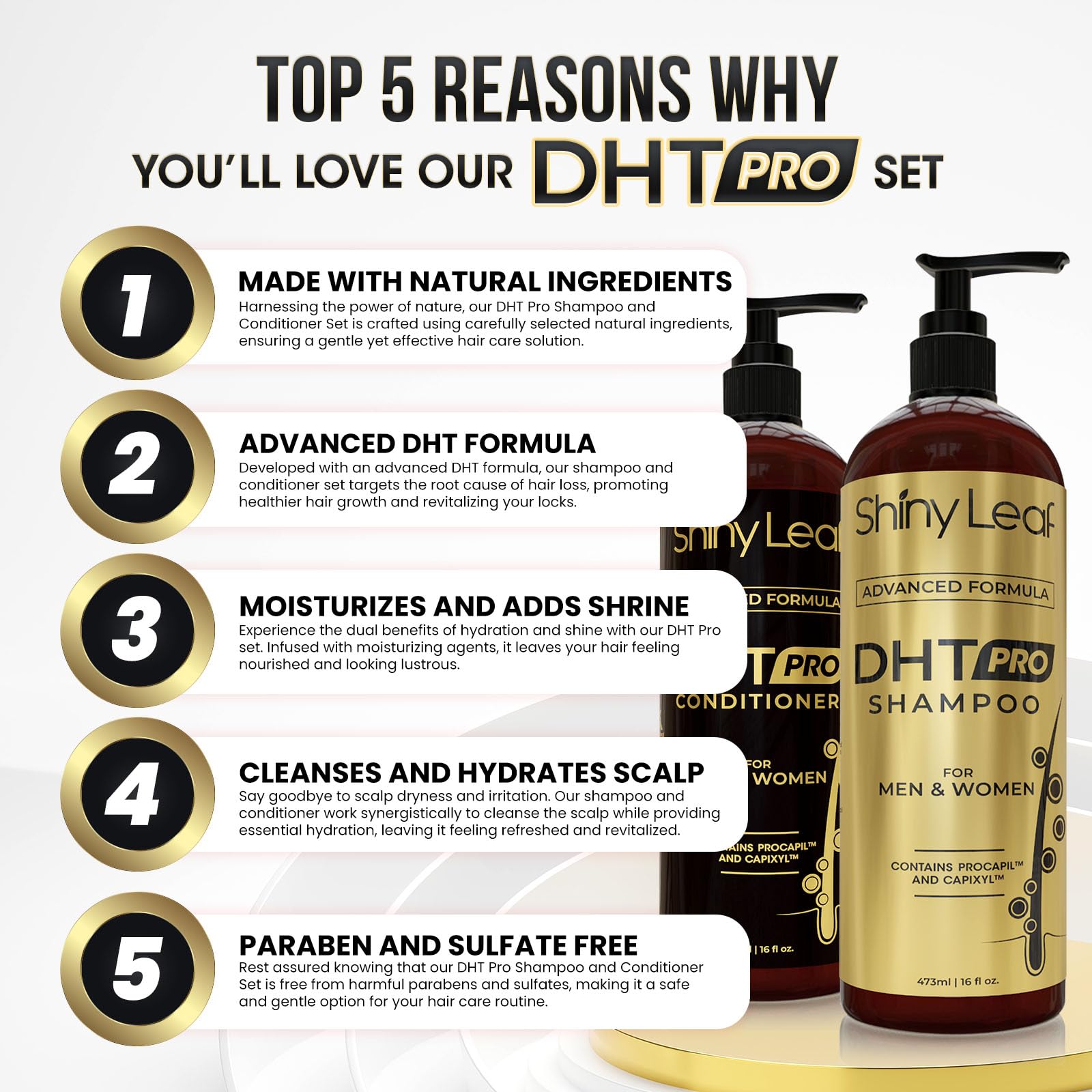 Shiny Leaf DHT Pro Conditioner bottle delivering silky, manageable hair after use