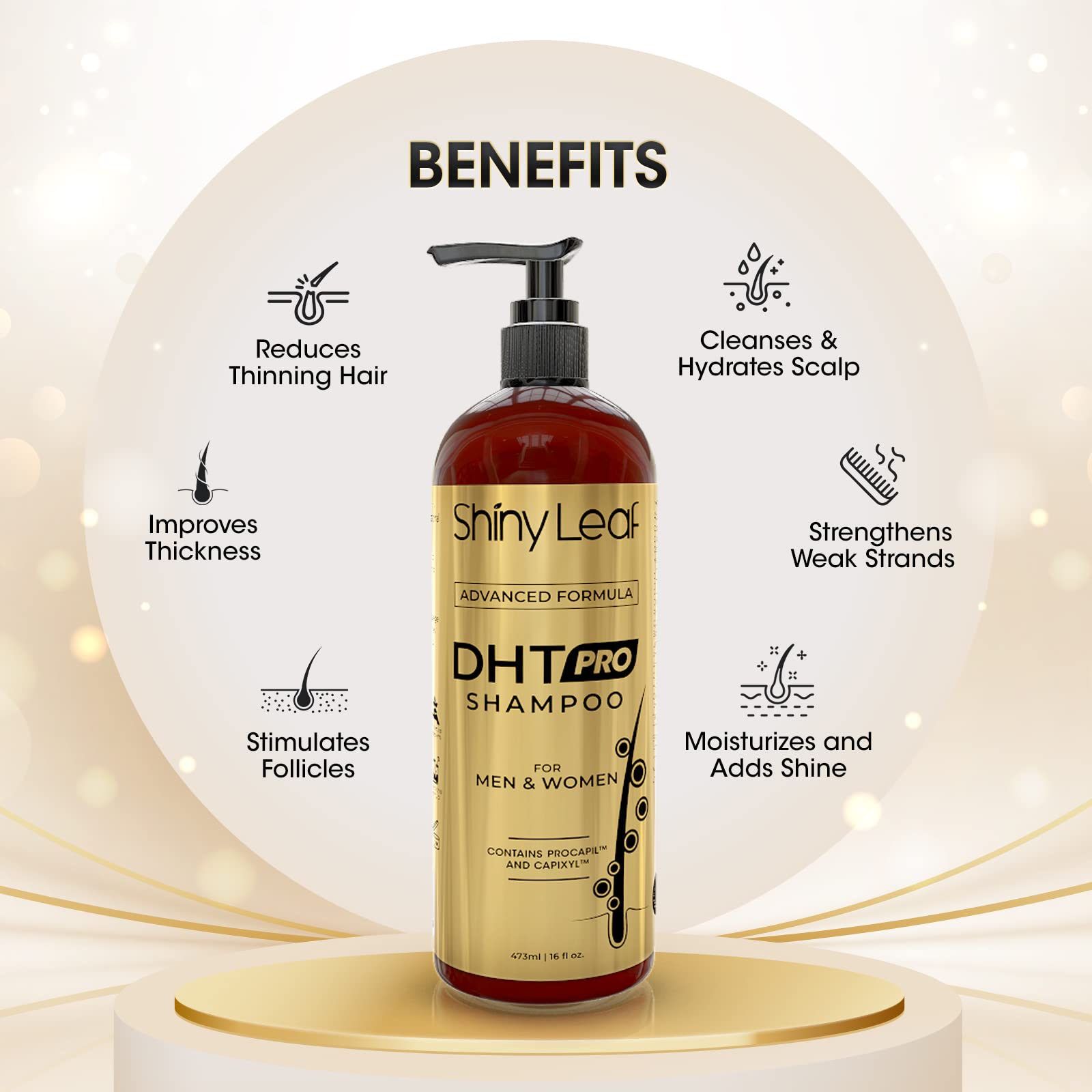 Shiny Leaf DHT Pro hair strands show potential fullness and resilience