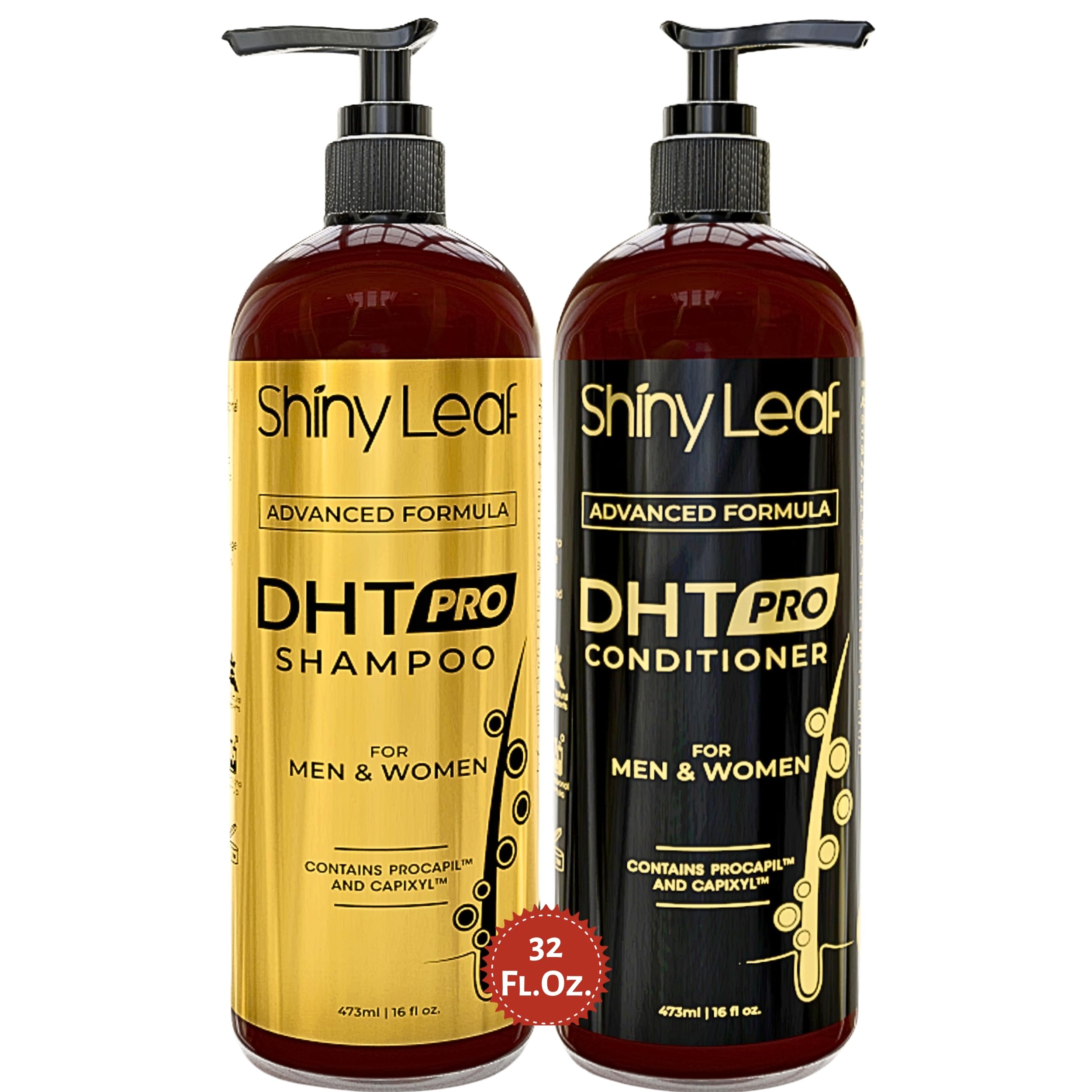 Shiny Leaf DHT Pro Shampoo bottle on sink for daily cleansing and scalp care