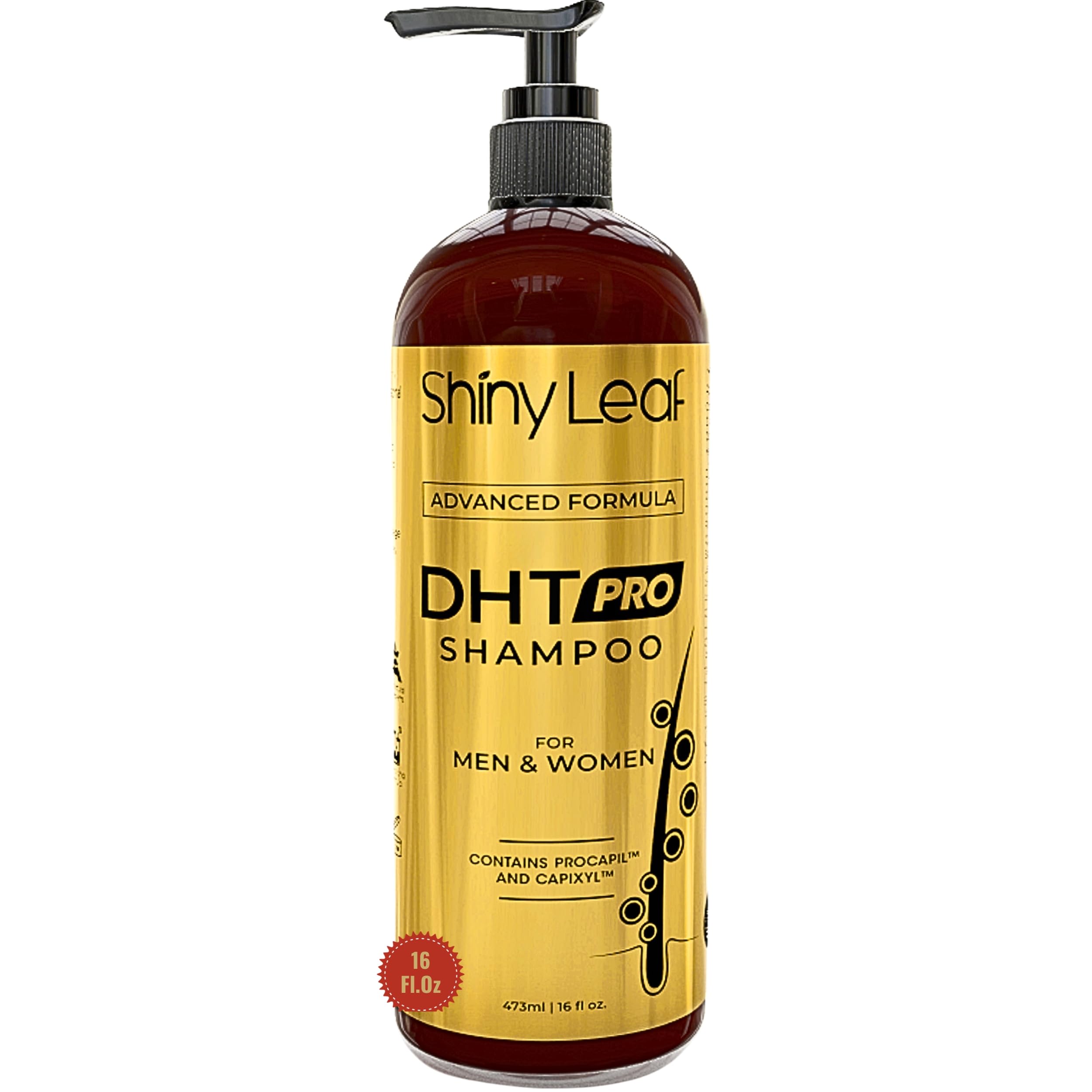 Shiny Leaf DHT Pro Shampoo bottle highlights daily use benefits.