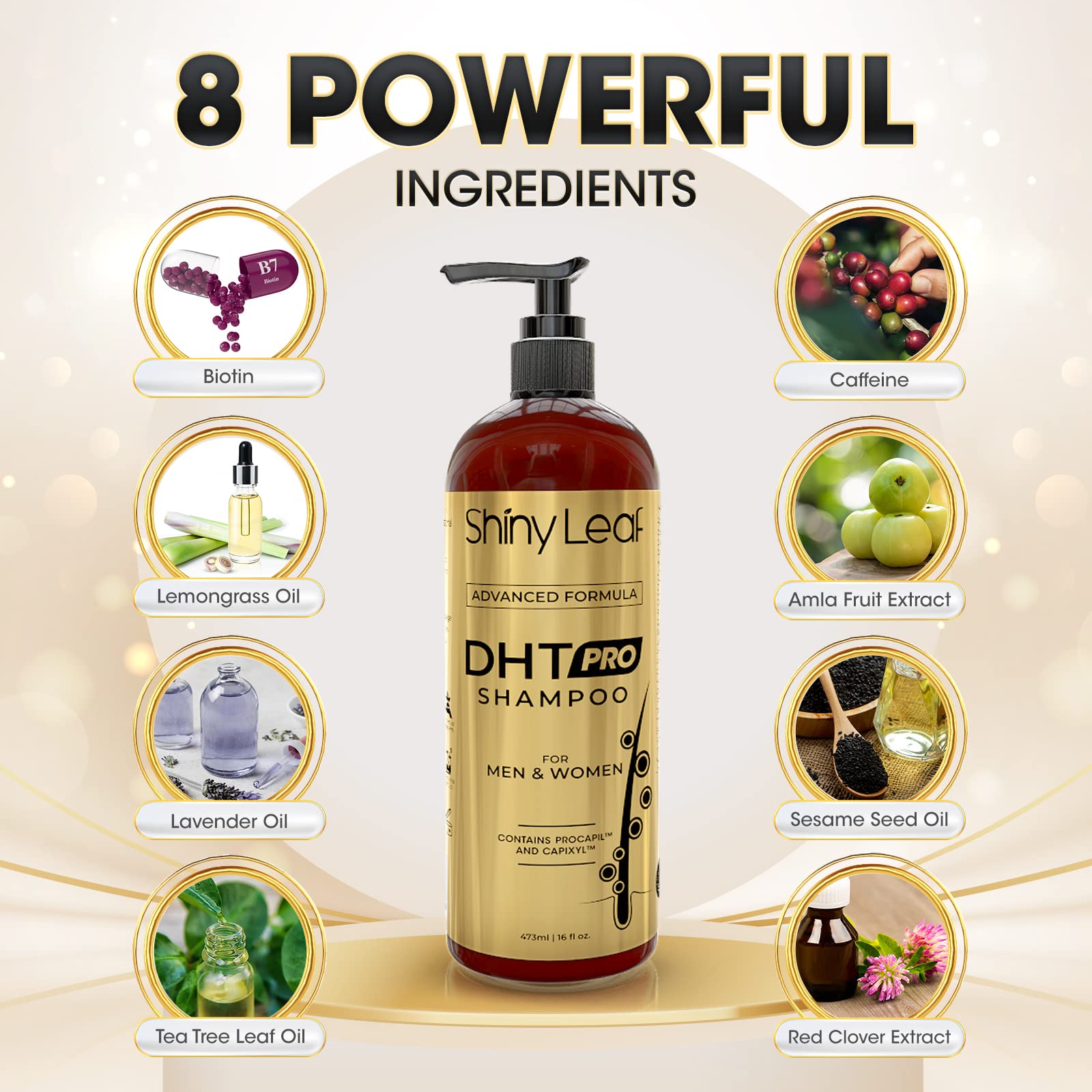 Shiny Leaf DHT Pro Shampoo capixyl close-up highlights follicle revitalization