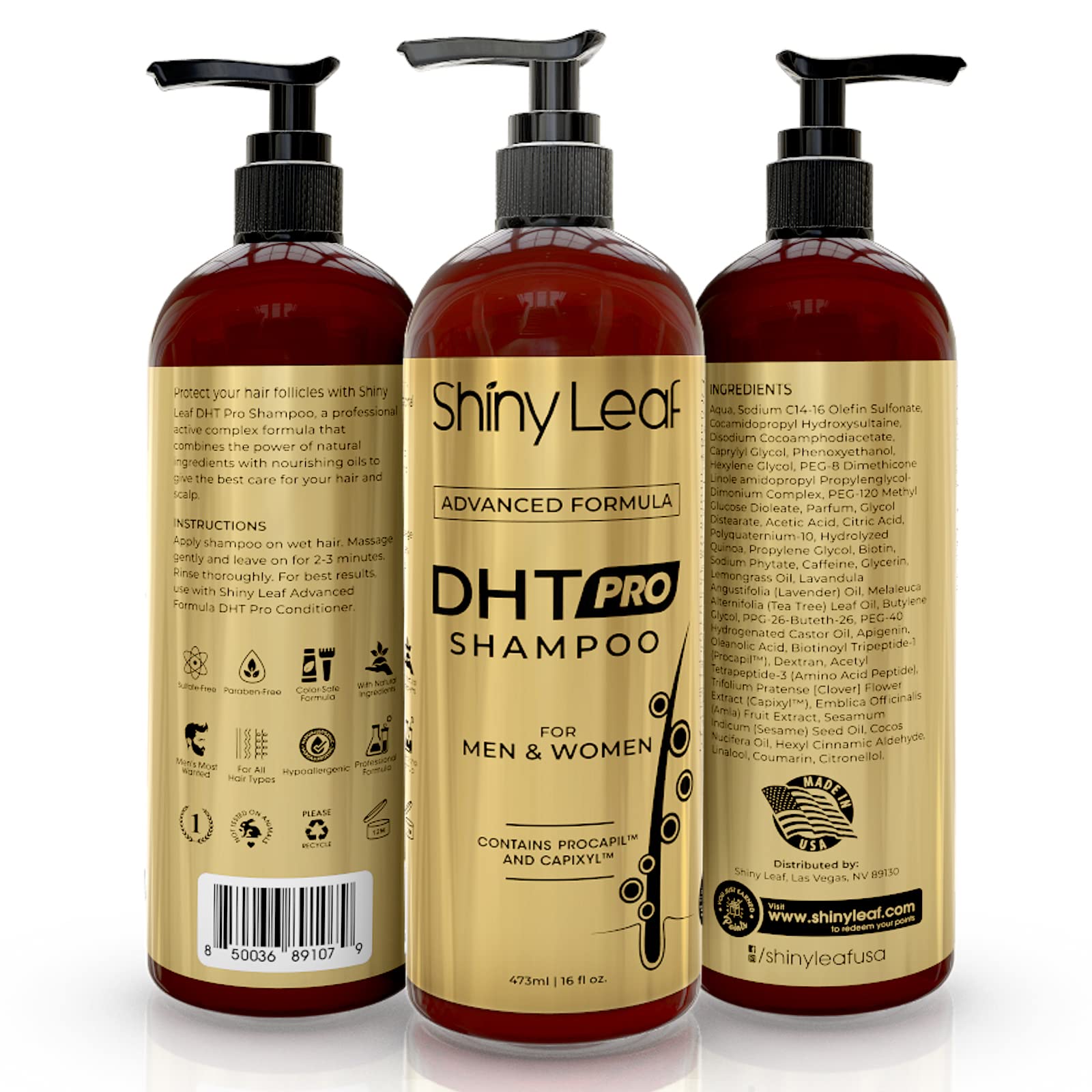 Shiny Leaf DHT Pro Shampoo hypoallergenic formula for sensitive scalps.