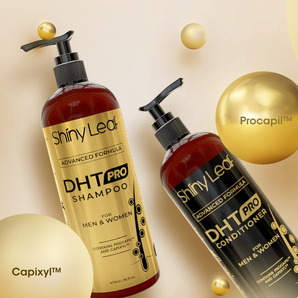 Shiny Leaf DHT Pro Shampoo bottle with botanical extract graphic