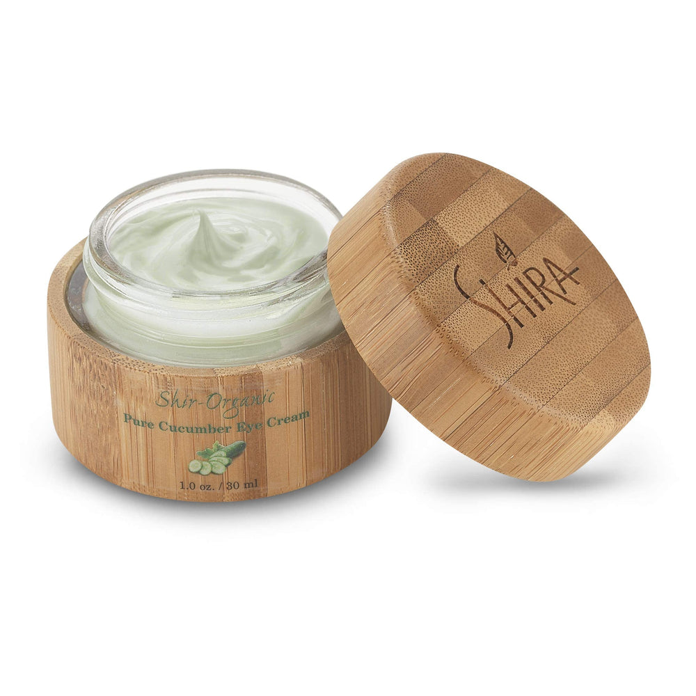 Shira organic cucumber eye cream packaging highlights premium delicate-skin care.