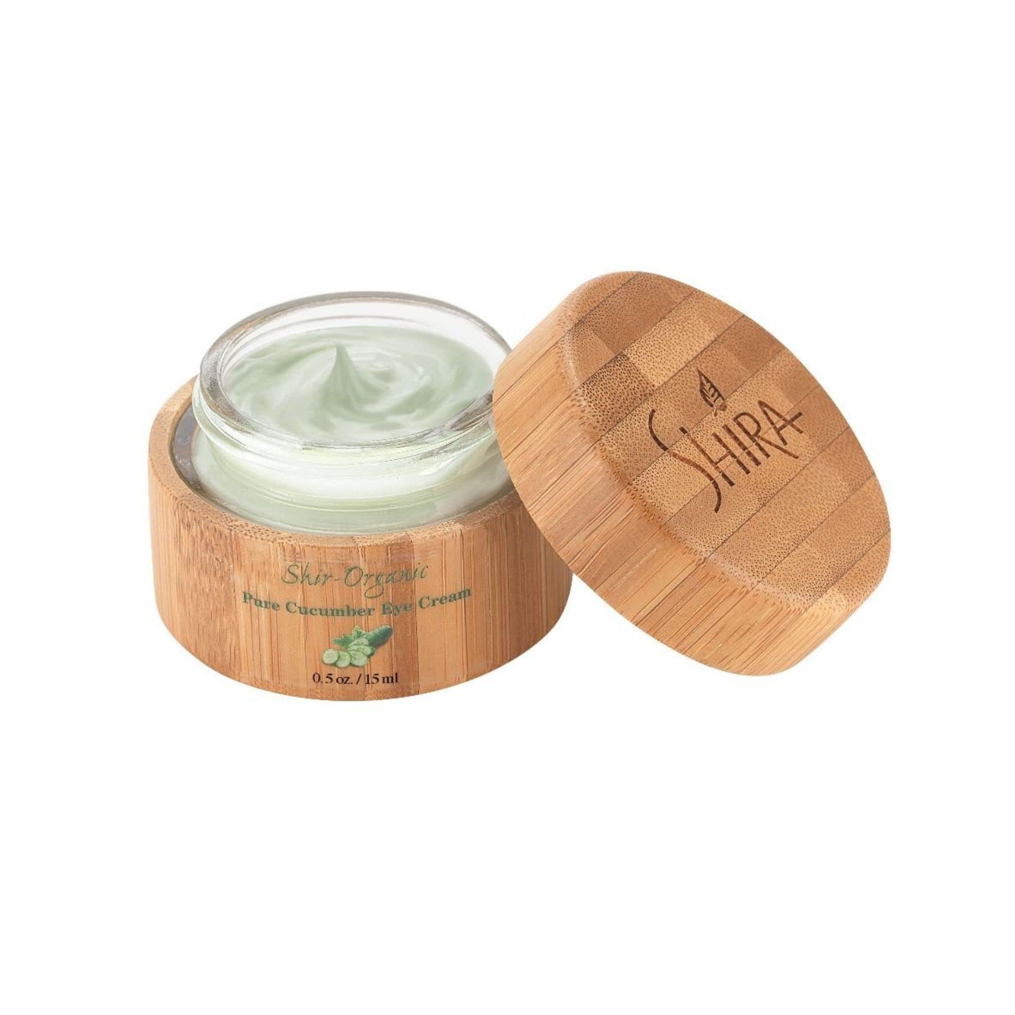 Shira organic cucumber eye cream tube ready for use, cooling and hydrating.