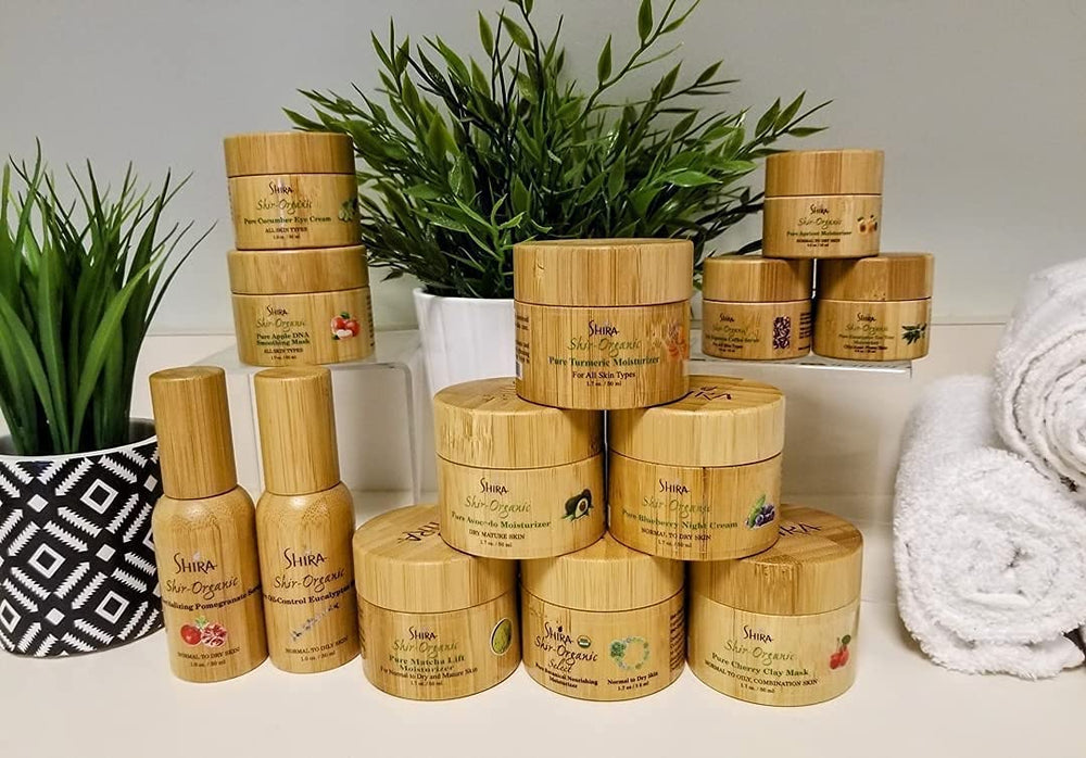 Shira Shir Organic Blueberry Night Cream bottle setup on bathroom shelf for night routine.
