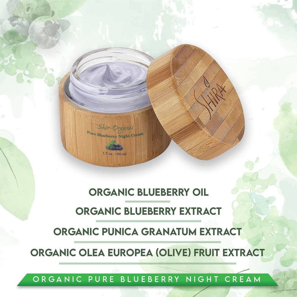 Shira Shir Organic Blueberry Night Cream jar closeup highlighting creamy texture for soothing hydration.