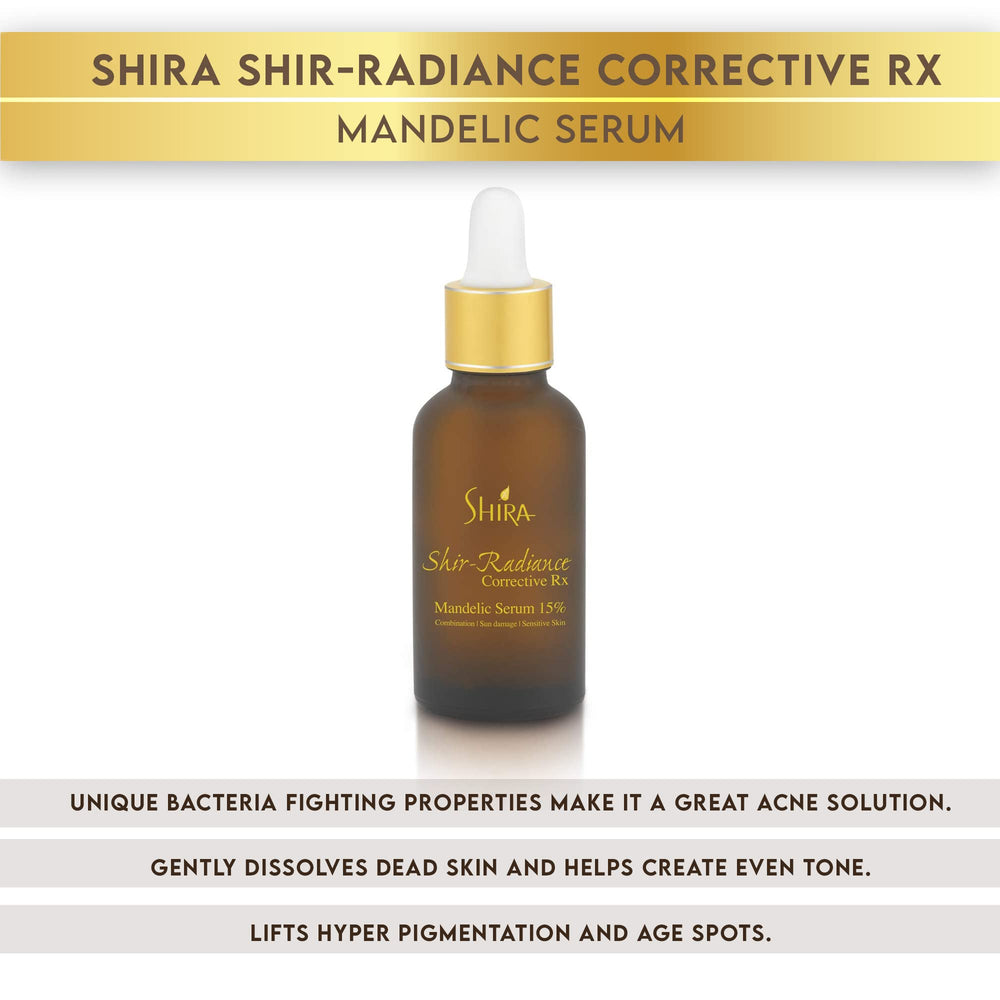 Shira Shir-Radiance Corrective Serum dropper delivering mandelic acid for gentle exfoliation.