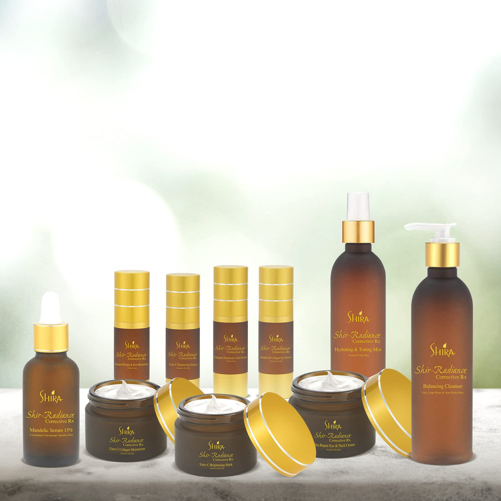 Shira Shir-Radiance Corrective Serum ingredient map highlights mandelic acid benefits.
