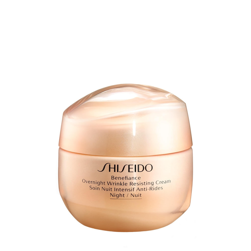 Shiseido Benefiance Overnight Wrinkle Resisting Cream bottle pour highlights smooth hydrated skin
