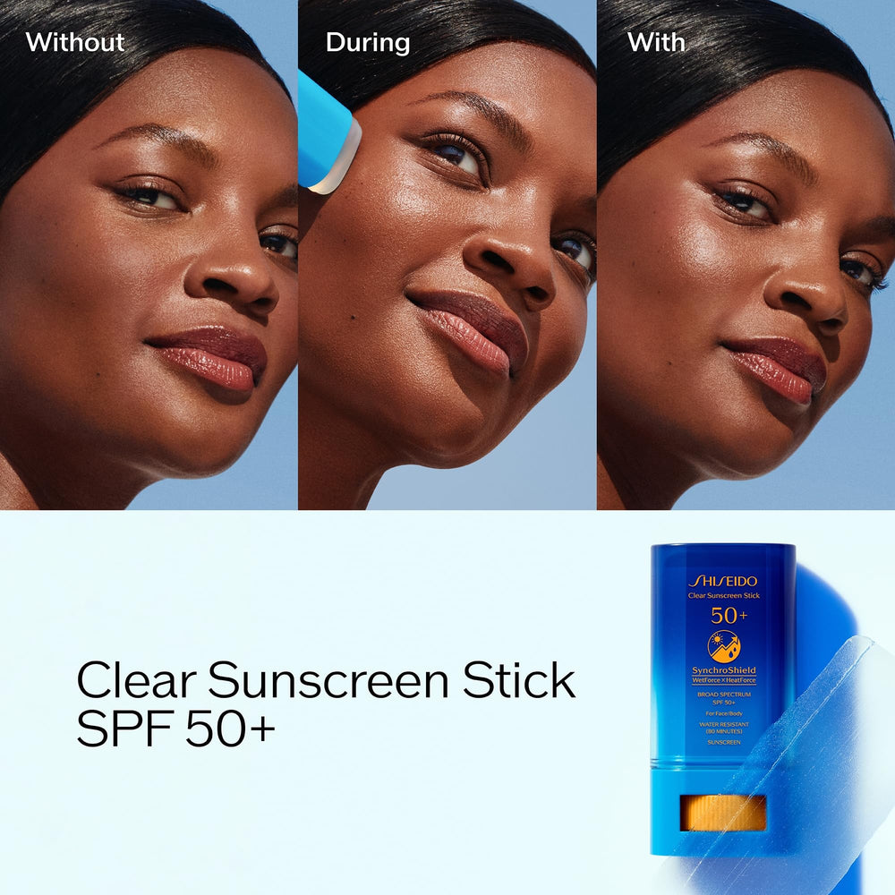 Compact portable Shiseido Clear Sunscreen Stick SPF 50+ for travel days.