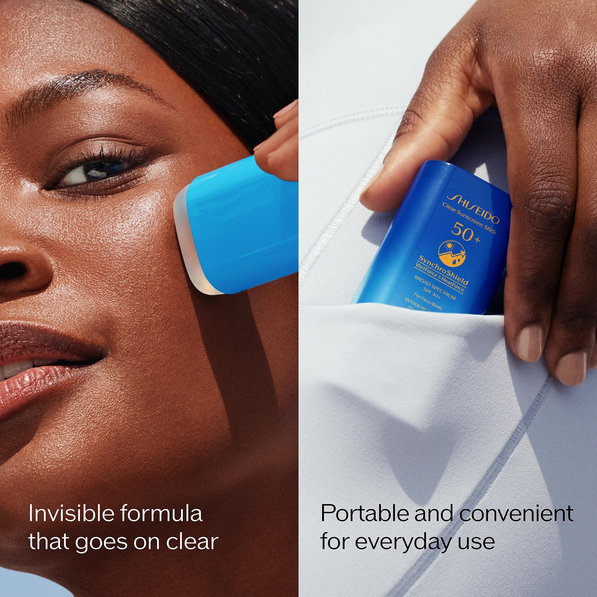 Applying Shiseido Clear Sunscreen Stick SPF 50+ under makeup during outdoor activities.