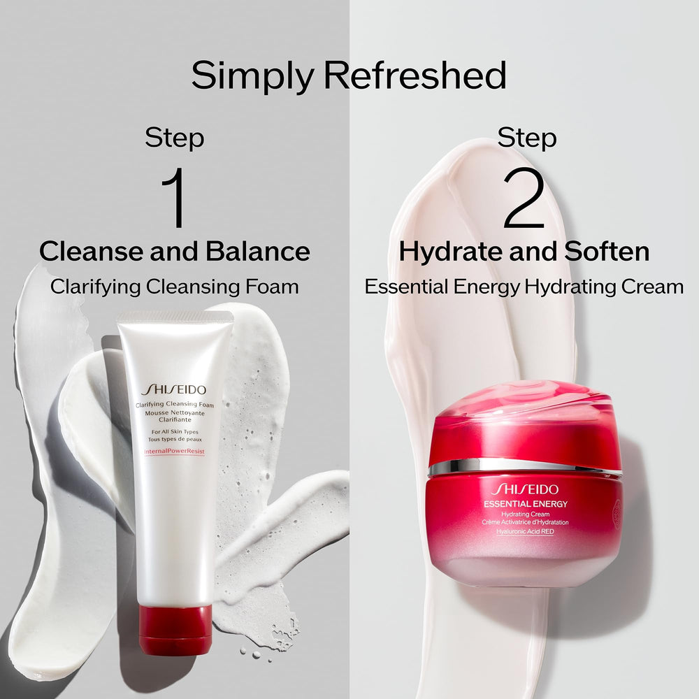 Skincare routine setup with Shiseido Essential Energy Hydrating Cream as the last step.