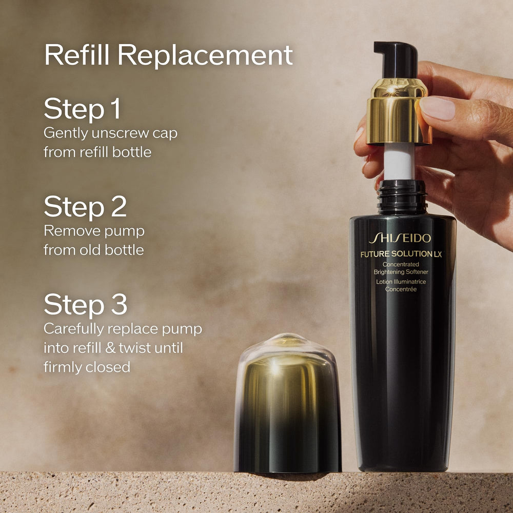 Shiseido Future Solution LX bottle demonstrates center-to-outward smoothing motion